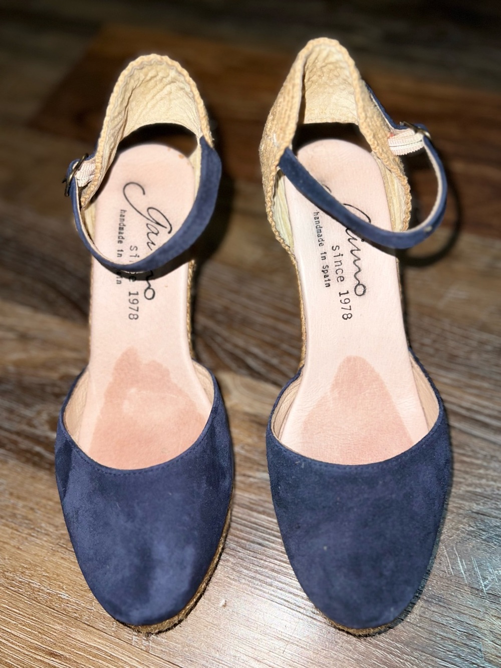 Gaimo Navy Blue Suede Espadrille Ankle Strap Wedge Sandals, Size 7.5